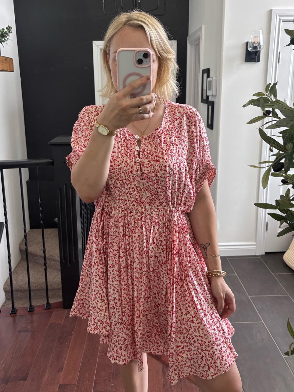 Free People One Fine Day Red Floral  Mini Dress Sz XS oversized